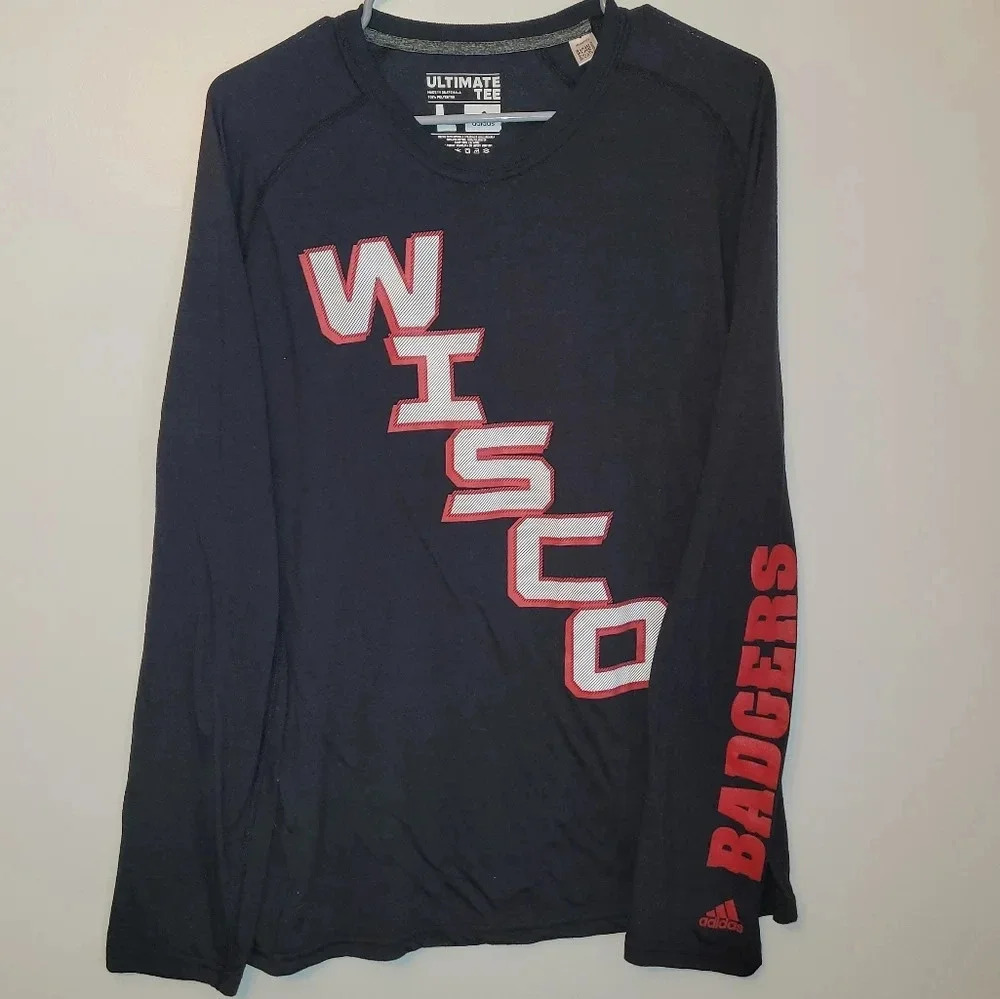WISCO Badgers ADIDAS ULTIMATE TEE Large Long Sleeve Black w Red and White LOT N - Picture 2 of 3